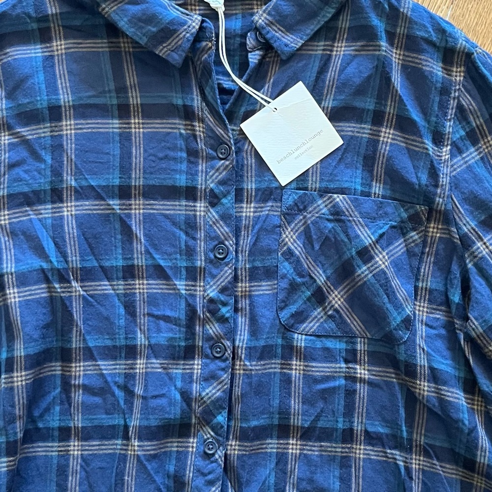 BeachLunchLounge Collection Plaid Long Sleeve Shirt Button Up Frayed Hem Large - Picture 6 of 6
